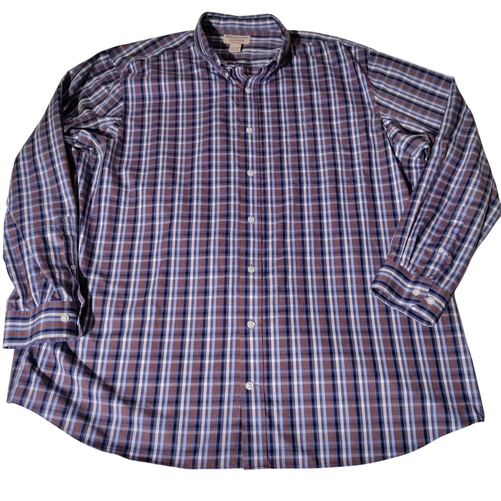 Duluth Trading Co WrinkleFighter Plaid Shirt Mens 3XL Tall Blue Brown Cotton